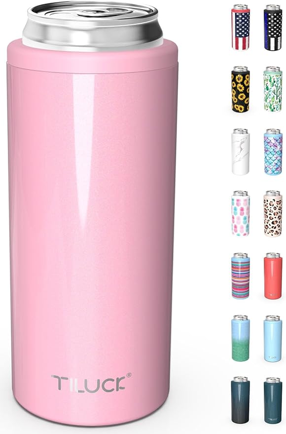 TILUCK Skinny Can Cooler for Slim Beer & Hard Seltzer, Stainless Steel, Doucle-Walled Stainless Steel Insulated Slim Cans, Standard 12 oz (Glitter Blush)