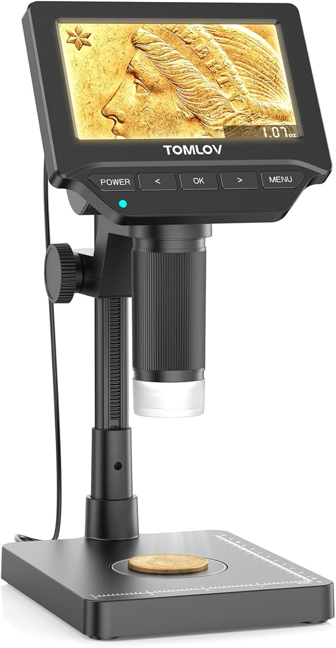 TOMLOV DM4W Microscope with Weighing Scale: 4.3" Digital Coin Microscope with Screen, Error Coin Magnifier with Lights, Weight Scale for Collectors, Jeweler, Students, Compatible with Windows/Mac