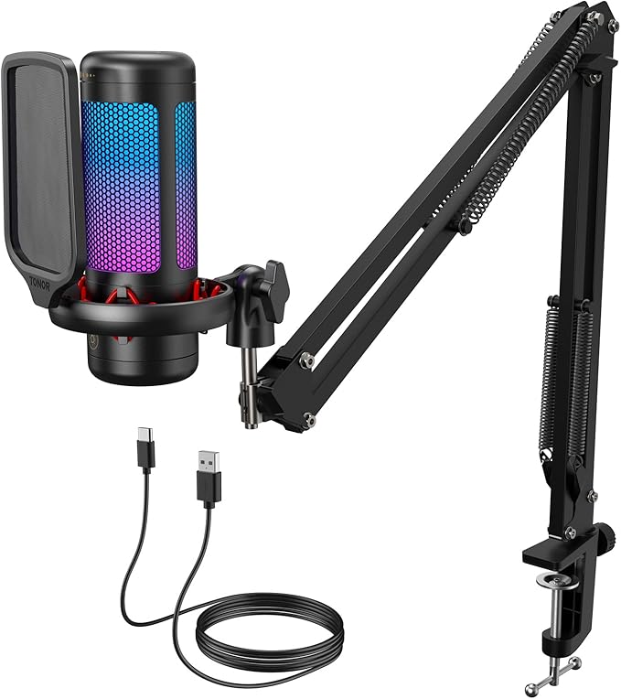 TONOR Gaming Microphone Set with Boom Arm, Vocal Condenser Microphone for PC with Stand, USB Mic with controllable RGB Light, One Tap Mute, Volume Control, for Discord, Twitch Streaming, TC310+