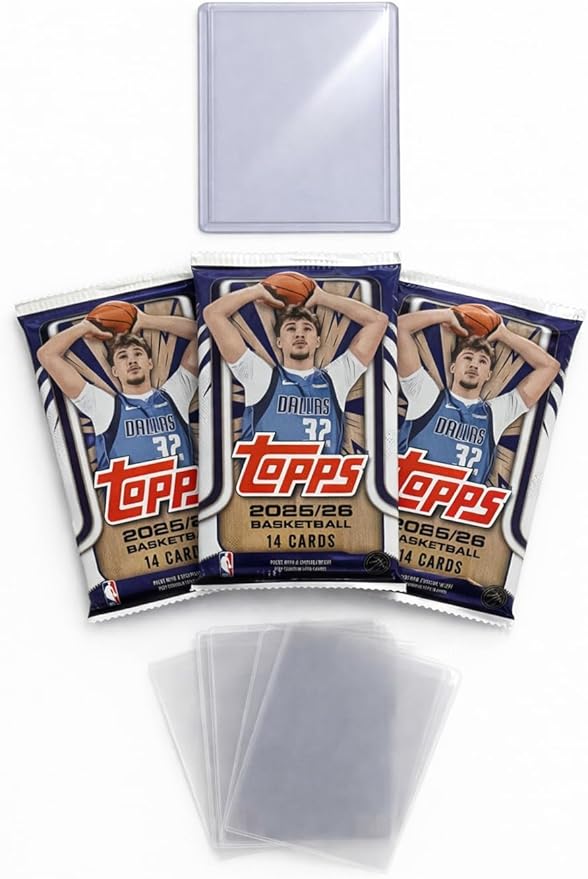 Topps 2025/26 Basketball Trading Card Bundle, 3 Factory Sealed Packs with 42 Cards Total, Includes 10 Penny Sleeves and 1 Top Loader