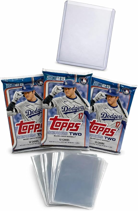 Topps 2025 Series 2 Baseball Trading Card Bundle, 3 Factory Sealed Packs with 36 Cards Total, Includes 10 Penny Sleeves and 1 Top Loader (Series 2 – 36 Cards)