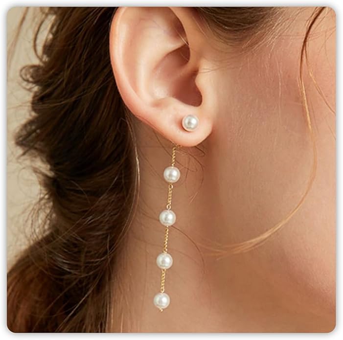 Trinckle Pearl Earrings for Women, Gold Pearl Drop Floral Earrings for Grils Boho Silver Dangle Earring, White Bridal Dangling Earings for Wedding, Bow Prom Jewelry Bridesmaid Accessories