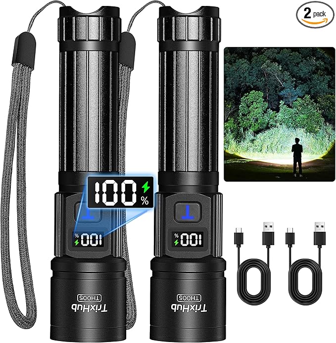 TrixHub Rechargeable Flashlights 2 Pack, Super Bright High Lumens Flash Light, 5 Modes Zoomable Linternas with LCD Digital Display, Powerful Handheld LED Flashlights for Home Emergencies Camping