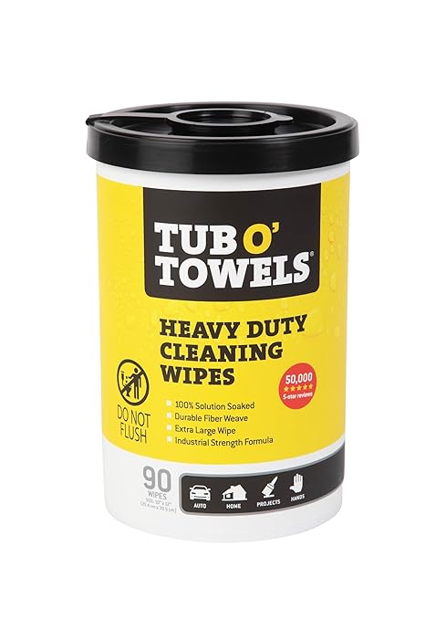 Tub O' Towels Heavy-Duty Multi-Surface Cleaning Wipes – Extra-Large 10" x 12", 90-Count Canister – Removes Grease, Tar, Ink & Tough Stains – Safe for Home, Auto, Garage & More
