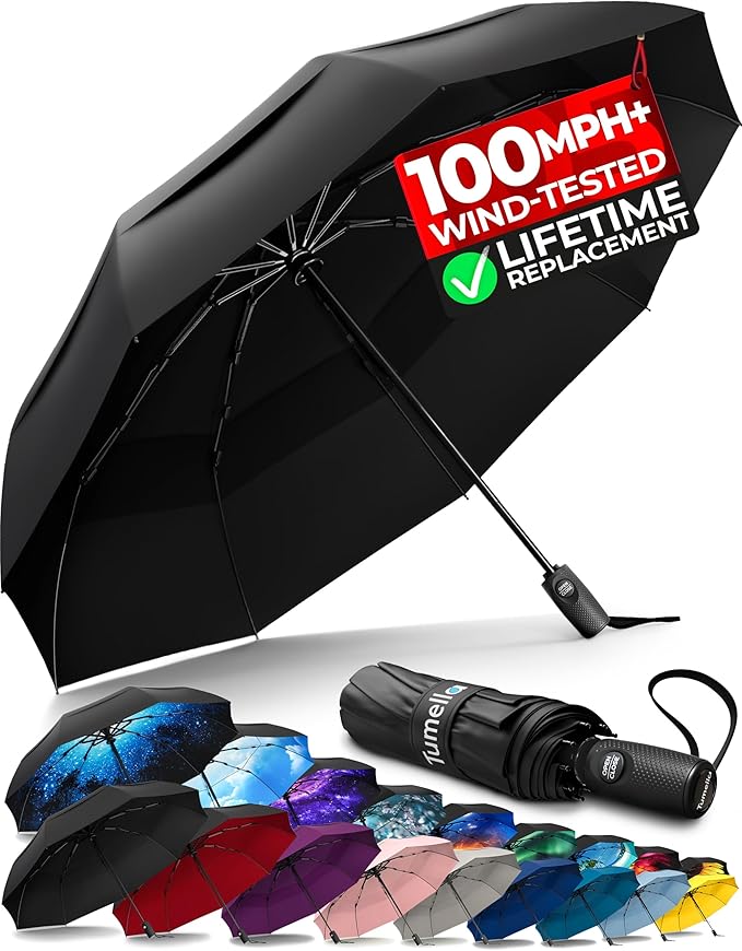 TUMELLA Strongest Windproof Travel Umbrella (Compact, 100MPH Wind-Tested), Light, Portable, One-Handed Use, Automatic Folding Rain Umbrella, Durable, Premium Grip, Fits Car & Backpack