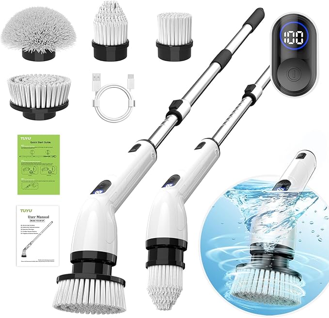 TUYU Electric Spin Scrubber,IPX7 Full-Body Waterproof Cordless Cleaning Tool, LCD Battery Indicator, Adjustable Extension Handle, 90-Minute Runtime for Bathroom, Kitchen, Glass, Car