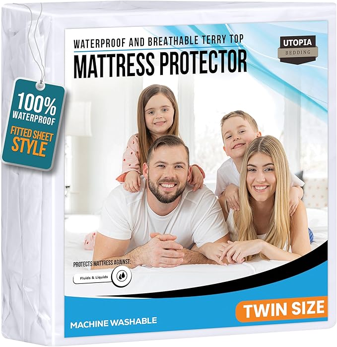 Twin Size Mattress Protector Waterproof, Premium 200 GSM Terry Mattress Cover, Soft & Breathable Bed Cover, Fitted Sheet Style Stretchable Deep Pockets 15" by Utopia Bedding (White)
