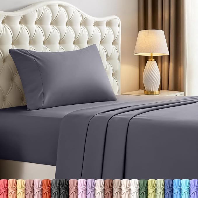 Twin Size Sheet Set – 3 Piece Bed Sheets, Soft and Breathable Microfiber, Includes 1 Fitted Sheet, 1 Flat Sheet and 1 Pillowcase – Oeko Tex (Grey)