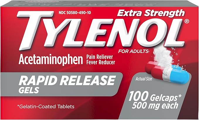 Tylenol Rapid Release Extra Strength Gelcaps, Acetaminophen 500 mg per Gel, Laser Drilled Holes Allow Fast, Strong Pain Relief, Fever Reducer, Gentle on Stomach, 100 Count Size