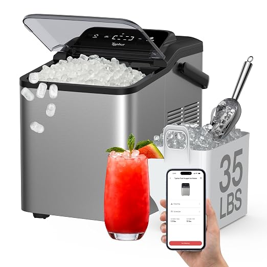 Typhur Smart Nugget Ice Maker Countertop with App Control, Pebble Ice Machine, Portable Pellet Ice Maker with Handle, Self-Cleaning Pump, 8 Cleaners, 35lbs/24H for Home, Kitchen, Office, RV, Silver