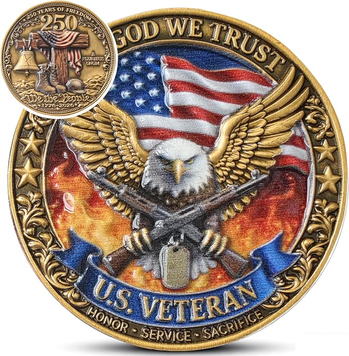 U.S. Veteran Challenge Coin with 250 Years of Freedom Tribute, Patriotic High Relief Keepsake for Veterans & Proud Americans