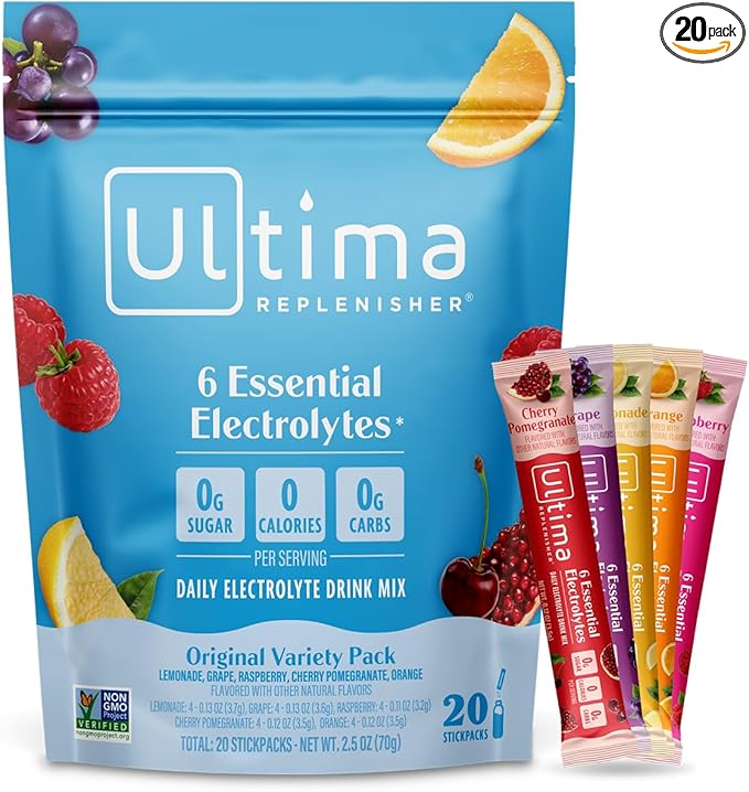 Ultima Replenisher Daily Electrolyte Powder – Original Variety Pack, 20 Stickpacks – Zero Sugar Hydration Packets with 6 Electrolytes and Minerals – Sugar Free, Plant Based & Keto Friendly​ Drink Mix