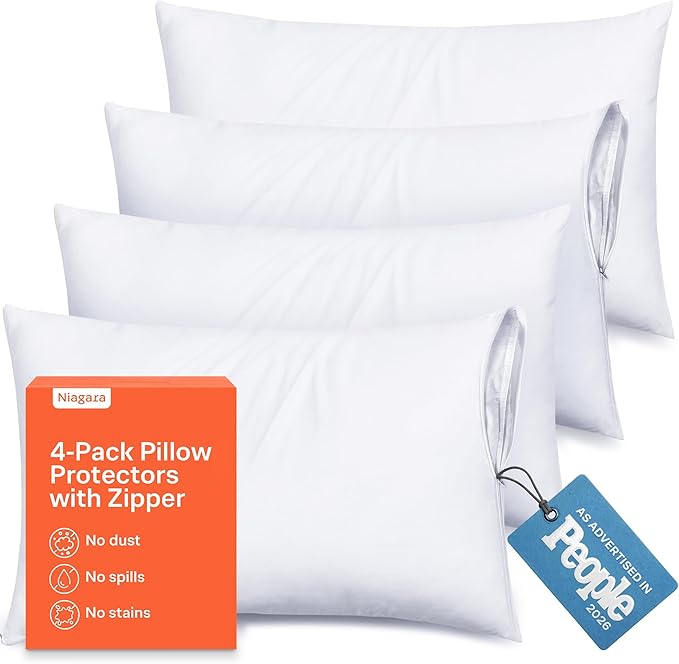 Ultra Soft Pillow Protectors with Zipper Standard Size - Set of 4 Breathable Pillow Covers - 100% Protection Against Stains, Dust & Dirt - Machine Washable (White)