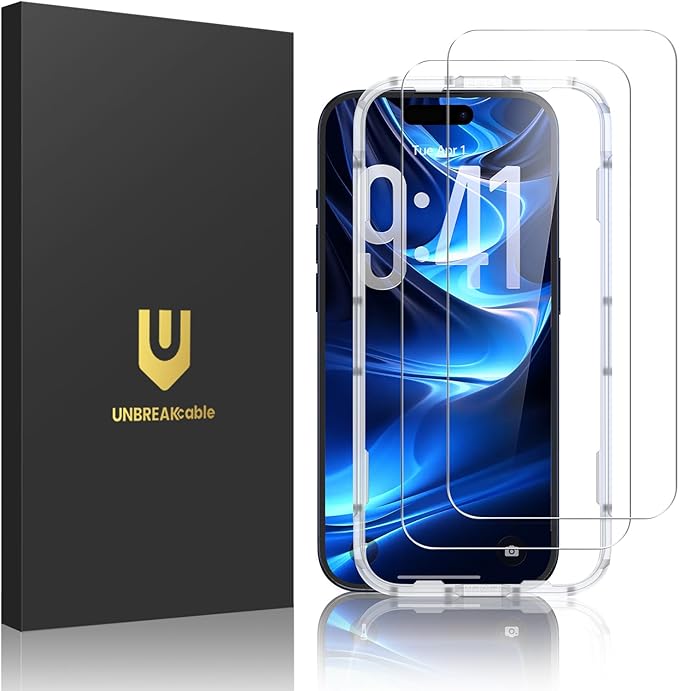 UNBREAKcable 2-Pack Screen Protector for iPhone 17 Pro, Military-Grade Shatterproof Tempered Glass [9H+ Hardness] [Easy Installation Frame] [99.99% HD Clear] for Apple iPhone 17 Pro