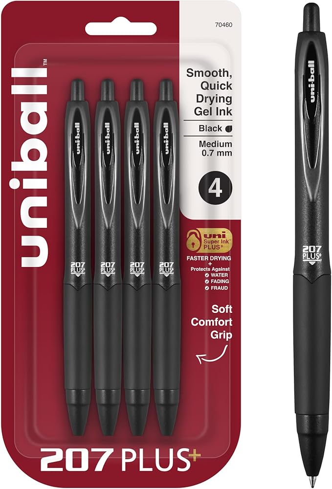 uniball 207 Plus+ Retractable Gel Pens, Medium Point (0.7mm), Black, 4 Pack