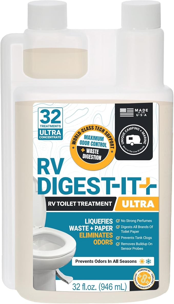 Unique RV Digest-It Ultra RV Toilet Treatment, 32 Uses, Super Concentrated - Eliminates Odor and Liquifies Waste, Easy-Measure Extra-Strength Preventive Bio-Enzymatic Holding Tank Treatment (32 oz)