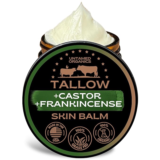 Untamed Organics Beef Tallow Balm for Skin & Face with Castor Oil & Frankincense - 100% Grass-Fed Tallow Face & Body Moisturizer for Dry Sensitive Skin - 2 oz