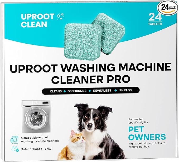 Uproot Clean Washing Machine Cleaner Tablets - 24 Pack for a 12 Month Supply. Formulated for Pet Owners. Compatible with HE, Top & Front Load. Easily Removes Residue, Grime, and Odors. Septic Safe.