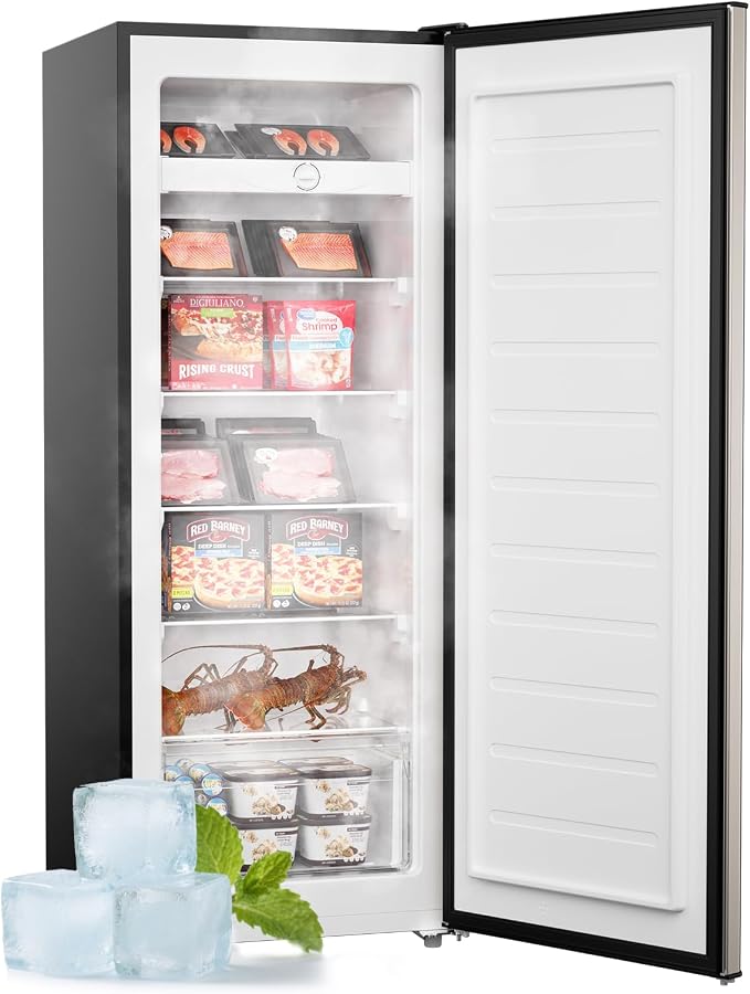 Upstreman 7.0 Cu.Ft Upright Freezer, Large Capacity Stand Up Freezers with 5 Adjustable Shelves, Convertible Refrigerator/Freezer, Reversible Door for Home, Basement, Apartment (Stainless)