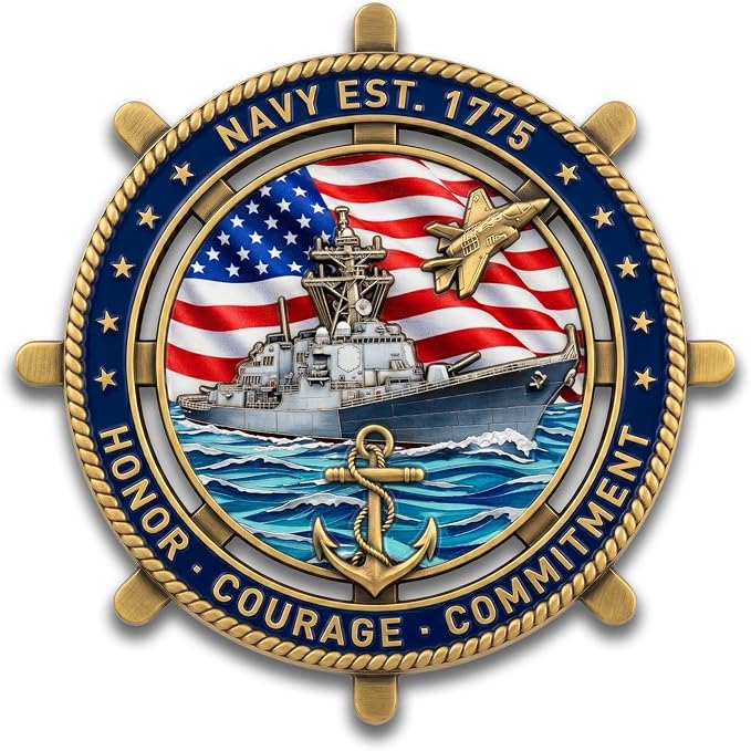 US Navy Challenge Coin Sailor’s Creed Engraved Zinc Alloy Coin Honor Courage Commitment Patriotic Navy Gift for Men, Active Duty Sailors, Veterans, Boot Camp Graduation Ship Wheel Design with Flag Jet