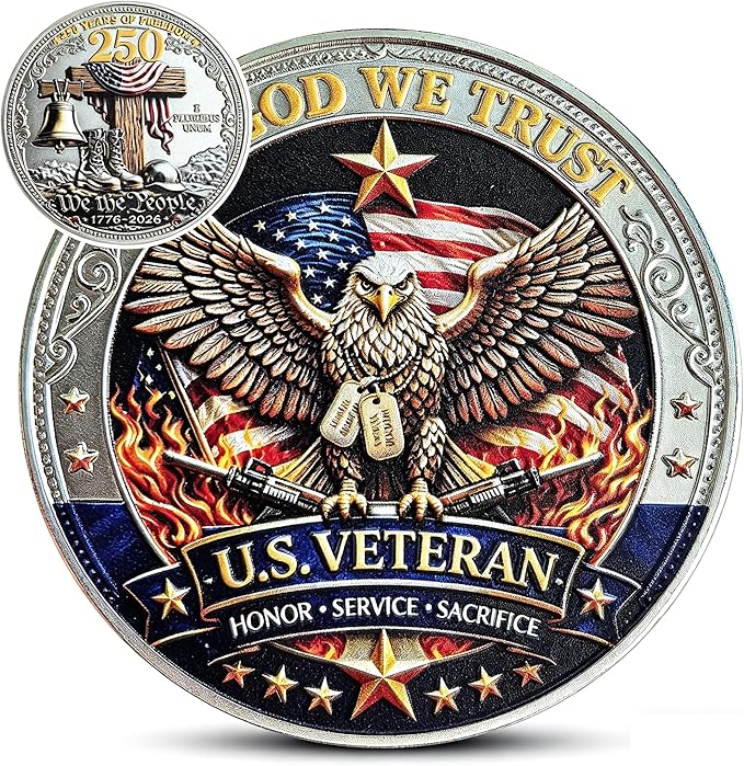 US Veteran Challenge Coin – Honor, Service, Sacrifice Design with Freedom Bell & Boots, 250 Years of Freedom Metal Token