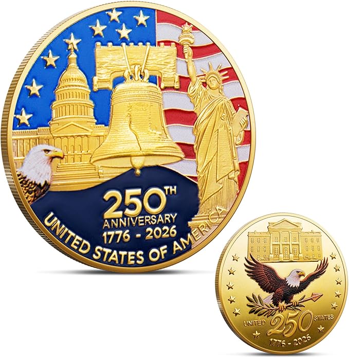 USA 250th Anniversary Coin Commemorative Coin 2026 Gold Plated American Independence Challenge Coin Patriotic Collectible Souvenir Gift for Veterans & History Collectors US 250 America 250 Merchandise