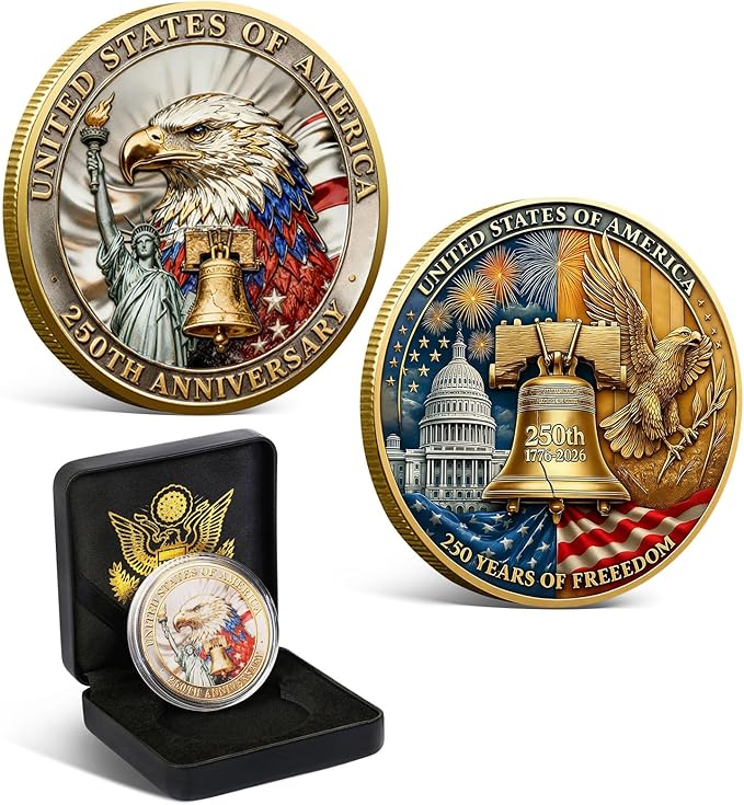 USA 250th Anniversary Commemorative Coin 1776-2026 America 250 Patriotic Collectible Coin with American Eagle 250 Year American Anniversary Coin Collectors Veterans Gifts America 250 Merchandise (A)