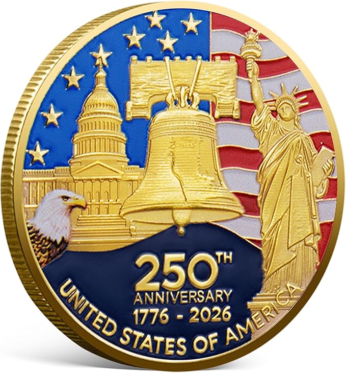 USA 250th Anniversary Commemorative Coin 1776-2026, America 250 Patriotic Challenge Coin, Double-Sided Collectible Token with Liberty Bell & American Eagle, US 250th Anniversary Souvenir Gift (1PCS)
