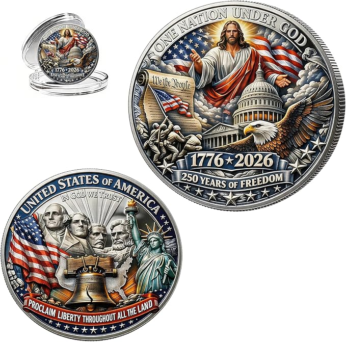 USA 250th Anniversary Commemorative Coin 1776-2026, Patriotic Landmarks Collectible Challenge Coin, America 250 Merchandise for Independence Day, Veterans & History Lovers