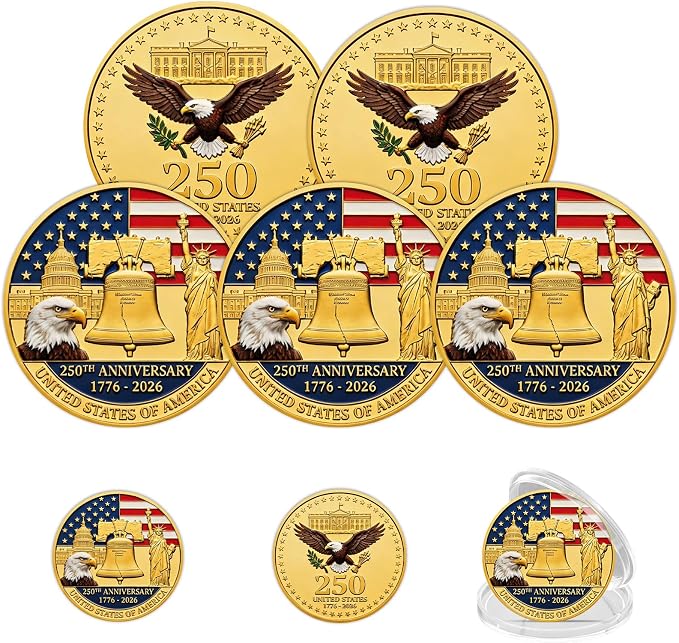 USA 250th Anniversary Commemorative Coins - Hamdwerk 5 Pcs 1776-2026 American Eagle Challenge Coin Patriotic Collectible Coins 4th of July Independence Gift for Veterans History Lover Non Legal Tender