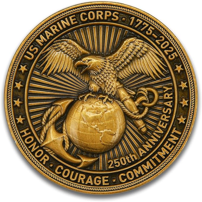 USA Marine Corps 250th Anniversary Commemorative Coin, 1775-2025 Honor, Courage & Commitment Collector’s Keepsake with Eagle, Globe & Anchor Design for Veterans & Military Supporters