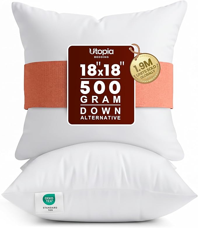 Utopia Bedding 18x18 Pillow Inserts, Set of 2, White – Indoor Decorative Throw Pillows for Bed, Sofa & Couch – Soft, Supportive & Fluffy Cushion Inserts