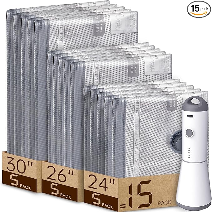 Vacbird Vacuum Bags for Travel with Rechargeable air Pump, Carry-on Size Compression Packing Bags for Luggage and Suitcase, Space Saver for Clothes and Clothing 15 Combo Travel Size