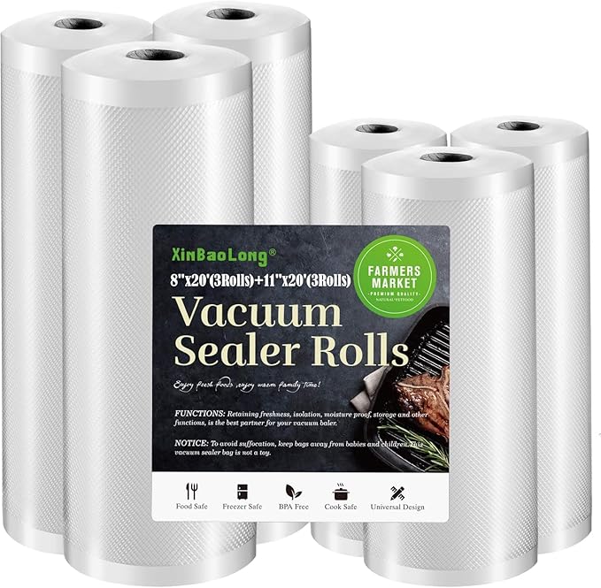 Vacuum Sealer Bags For Food: 6 Pack 3 Rolls 11" x 20' + 3 Rolls 8" x 20'-Commercial Grade BPA Free Bag Rolls- Freezer Bags Durable Cut-to-Length Food Vac Bags for Sous Vide Cooking Puncture Prevention