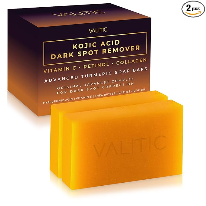 VALITIC Kojic Acid Dark Spot Remover Soap Bars with Vitamin C, Retinol, Collagen, Turmeric - Original Japanese Complex Infused with Hyaluronic Acid, Vitamin E, Shea Butter, Castile Olive Oil (2 Pack)