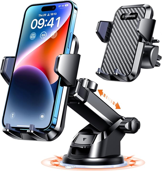 VANMASS【85+LBS Strongest Suction & Military-Grade Ultimate Car Phone Mount【Patent & Safety Certs】 Cell Phone Holder for Dash Windshield Vent for iPhone 17 Pro Max Automobile Accessory Kits,Ink Black