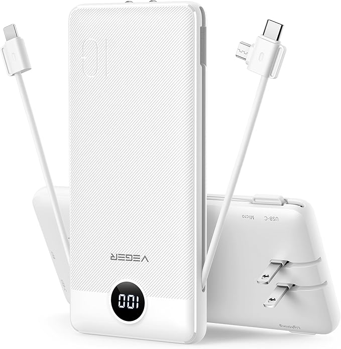 VEGER Portable Charger with Built-in AC Plug and Cables, All in One 10000mAh Ultra Slim Power Bank Travel Essentials, Fast Charging Battery Pack Compatible with iPhone, Samsung, Android, White
