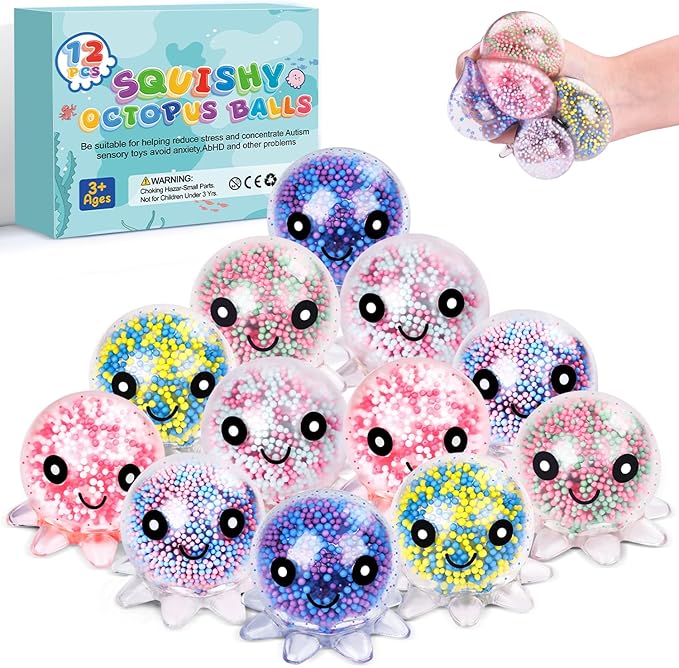 VESPRO 12 Pack Fidget Stress Balls for Adults, Cute Octopus Stress Ball | Stress Sensory Stress Ball, Bulk Squishy Squeeze Ball Toys Set for Classroom Prizes and Birthday Party Favors