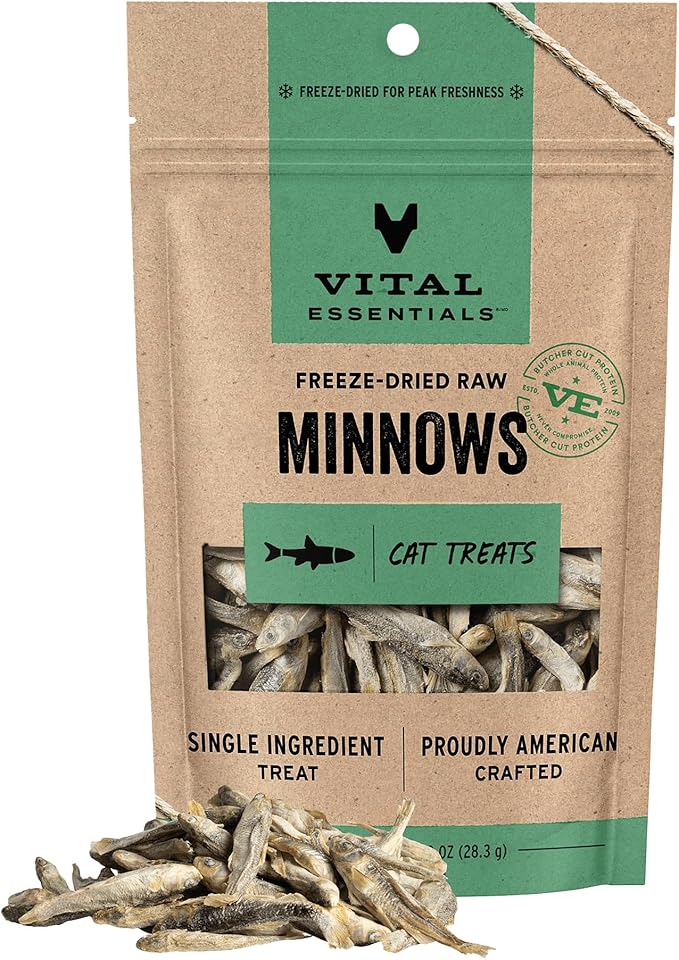 Vital Essentials Freeze Dried Minnows Cat Treats | Single Ingredient | Premium Quality | Grain Free, Healthy Treats for Cats, 1 oz Bag