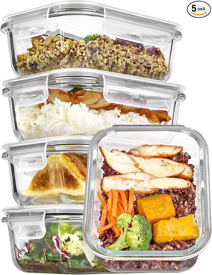 Vtopmart 5Pack 22oz Glass Storage Containers with Lids, Glass Meal Prep Food Container Sets with Snap Airtight Lid for Microwave, Oven, Freezer and Dishwasher, Grey