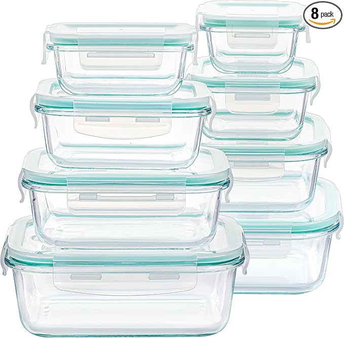 Vtopmart 8 Pack Glass Food Storage Containers with Airtight Lids, Glass Meal Prep Containers, Lunch Office Meal for Microwave, Oven, Freezer and Dishwasher, BPA Free