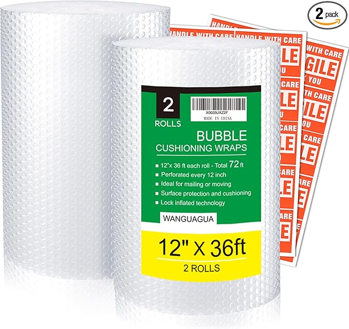 wanguagua 2 Pack 12 Inch x 72 ft Total Bubble Packing Wrap for Moving Boxes Shipping Cushioning Supplies Perforated Every 12” | Heavy Duty Fully-inflated Bubbles for Boxes, Shipping Cushioning Supplies, Perforated Every 12"