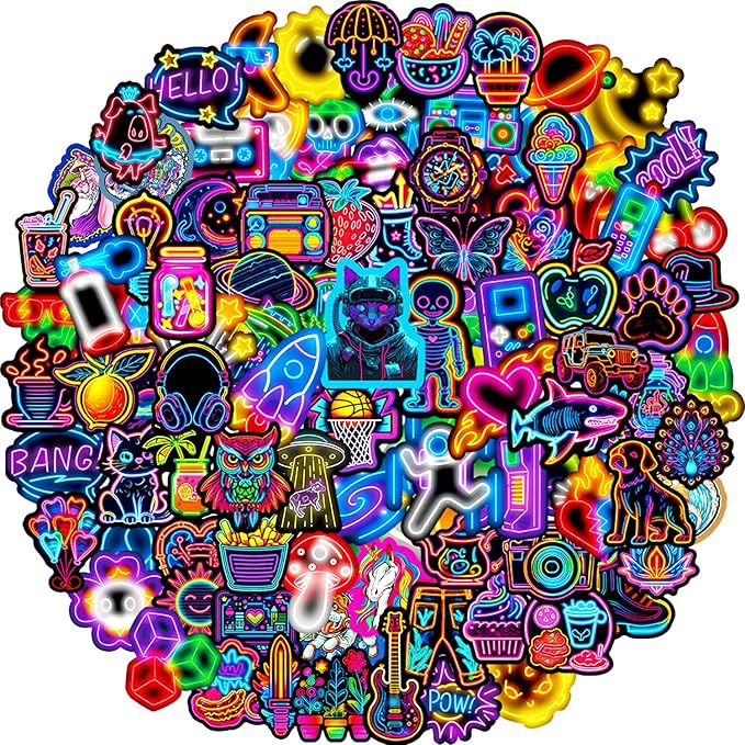 Water Bottle Stickers 100 Pcs Cool Cute Neon Sticker Packs, Prizes for Kids Classroom Rewards, Waterproof Vinyl Stickers for Water Bottles Laptop Scrapbooking Skateboard Journaling Luggage Tumbler etc