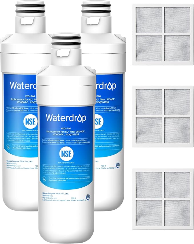 Waterdrop ADQ747935 LT1000PC Replacement for LG® LT1000P®/PC/PCS ThinQ® Refrigerator Water Filter, LFXS26973S, LMXS28626S, LMWS27626S, LFXS28596S, ADQ74793501 and LT120F® Air Filter, 3 Combo
