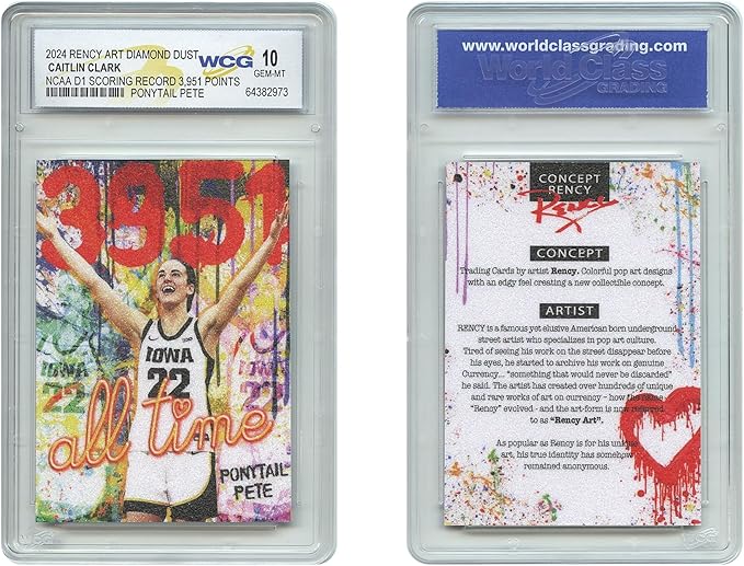 WCG 2024 Caitlin Clark Ponytail Pete All Time Scoring Record 3,951 Points Diamond Dust Rency Art Card - Graded GEM Mint 10