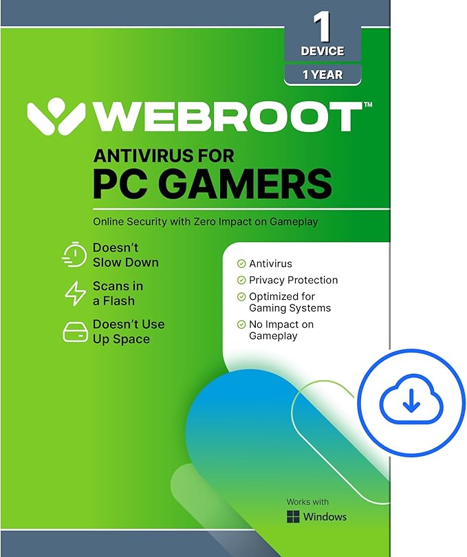 Webroot Antivirus for PC Gamers 2026 | 1 Device | 1 Year Download + System Performance Optimizer