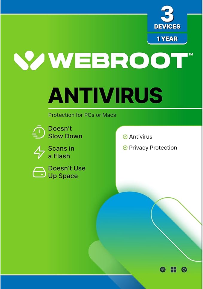 Webroot Antivirus Software 2026 | 3 Device | 1 Year PC/Mac with Keycard