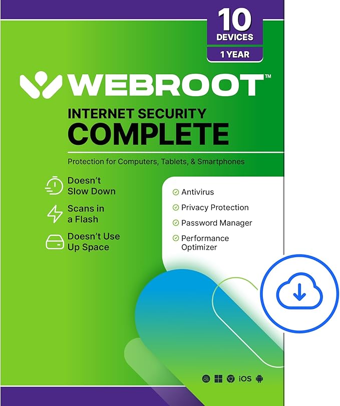 Webroot Internet Security Complete Antivirus Software 2026 10 Device 1 Year Download for PC/Mac/Chromebook/Android/IOS + Password Manager, Performance Optimizer