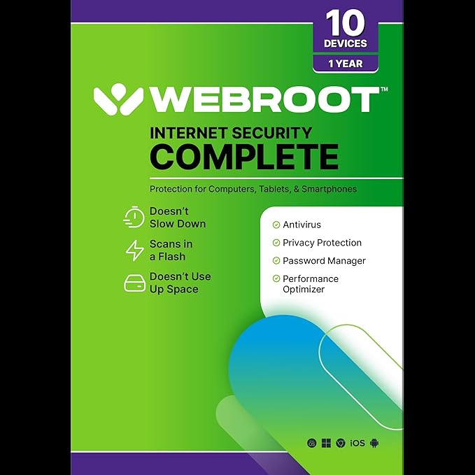 Webroot Internet Security Complete | Antivirus Software 2026 | 10 Device | 1 Year Keycard for PC/Mac/Chromebook/Android/IOS + Password Manager, Performance Optimizer | Packaged Version