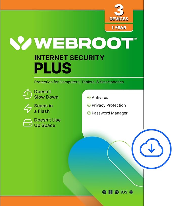 Webroot Internet Security Plus Antivirus Software 2026 3 Device 1 Year Download for PC/Mac/Chromebook/Android/IOS + Password Manager